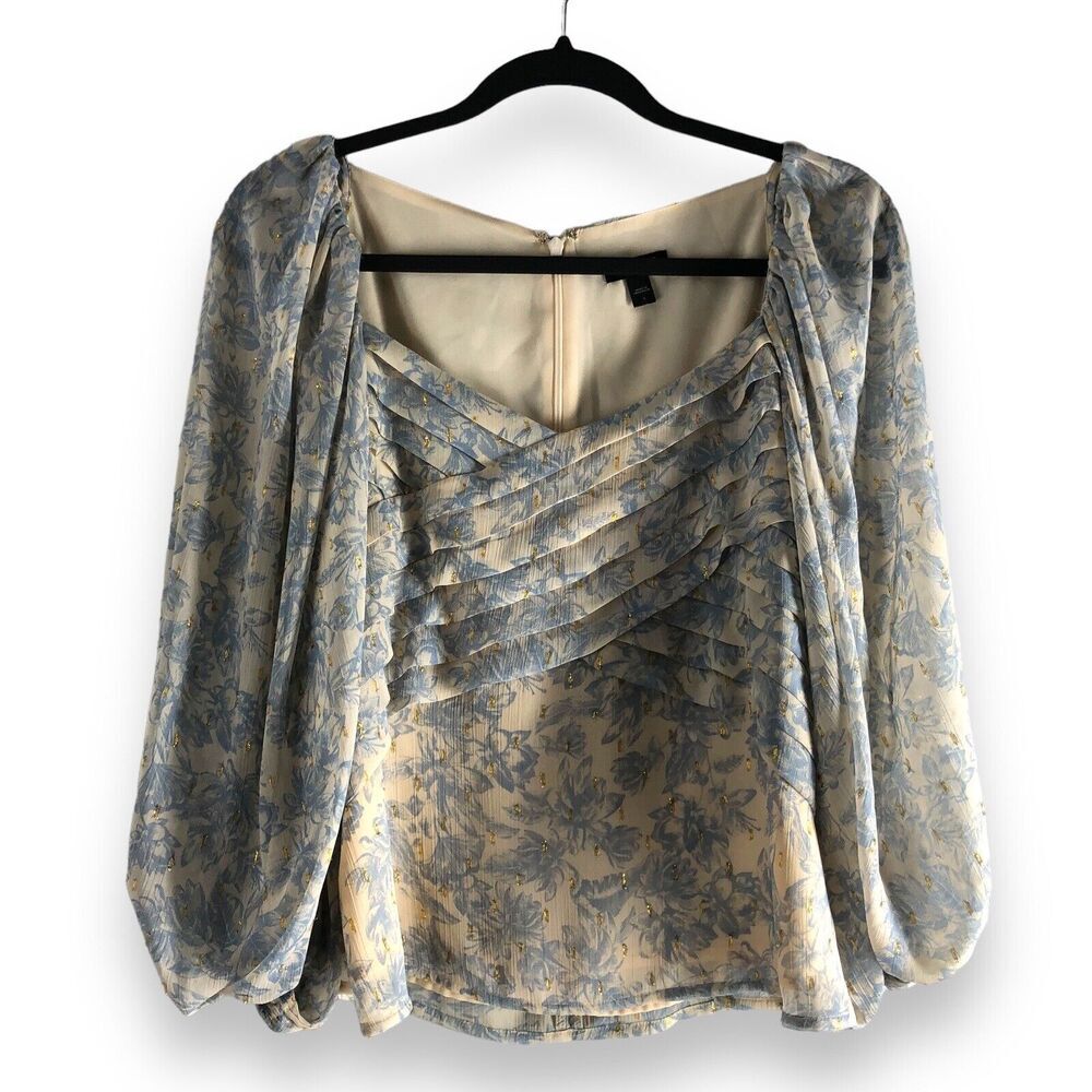 Express Womens Size Small Balloon Sleeve Blouse Blue Floral Gold‎ Romantic Boho